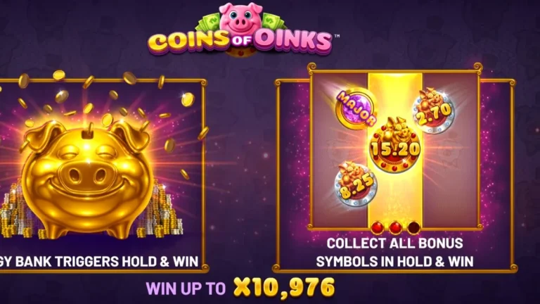 Tampilan visual slot Coins of Oinks dengan tema babi mewah dan koin emas