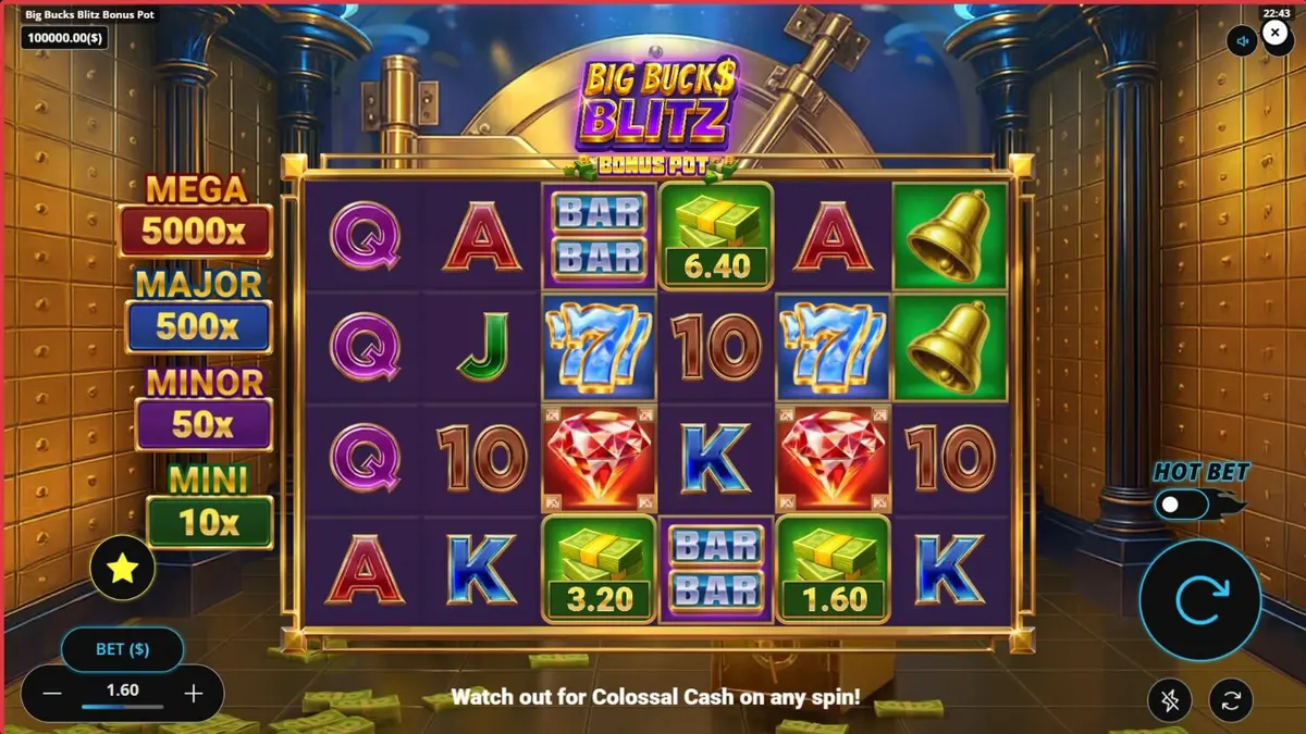 Tampilan visual mewah dari slot Big Bucks Blitz Bonus Pot dengan latar belakang brankas bank.